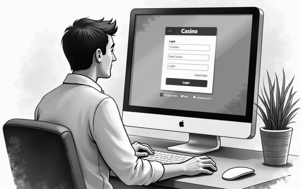 Player at computer with online casino registration form on screen