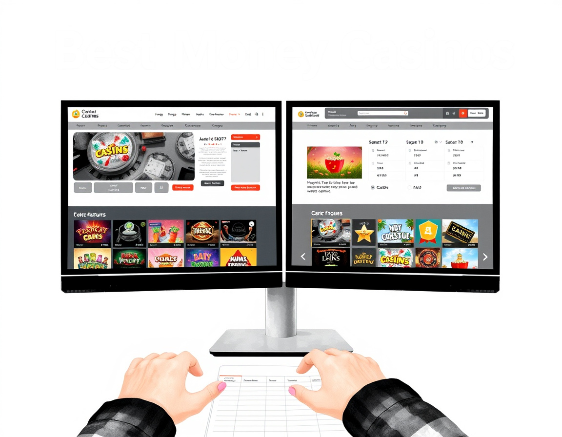 Player comparing multiple online casinos on computer with evaluation criteria