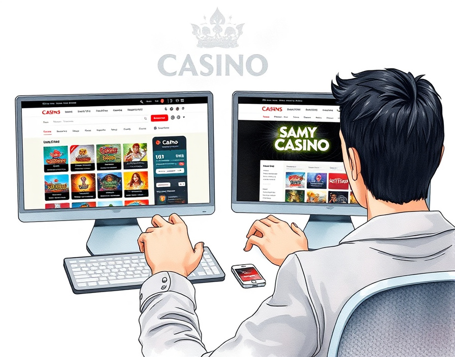 Player comparing multiple online casinos on computer displays