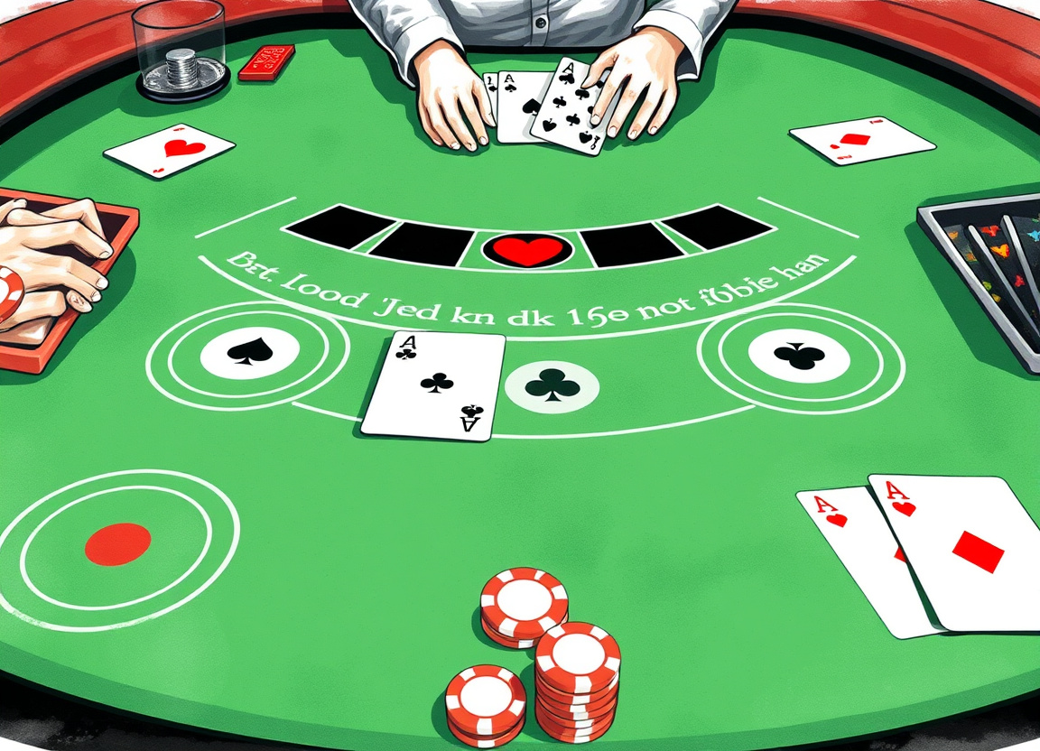 Blackjack table showing dealt cards, betting circles, and chips on the felt