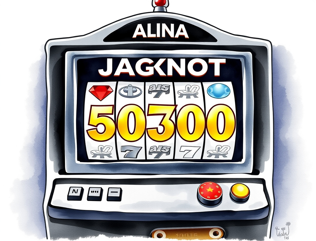 Slot machine screen showing progressive jackpot amount and winning symbol combination