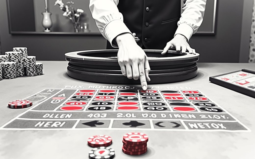 Player placing chips on a roulette table layout with dealer and wheel in background
