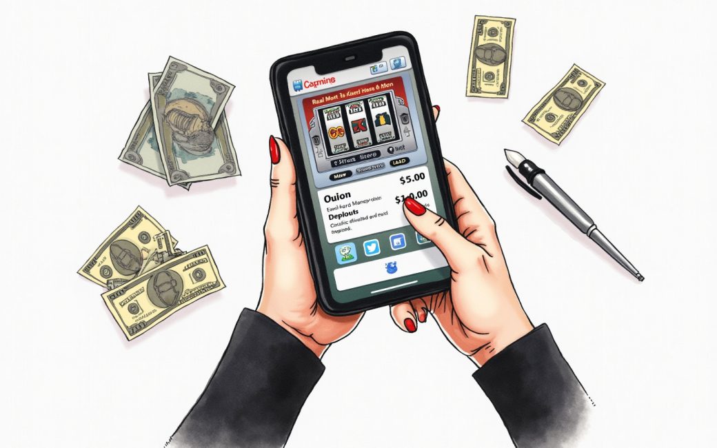 Person holding phone displaying an online casino game with slot reels and monetary values